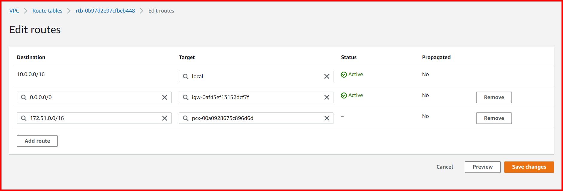 Picture showing adding an entry of VPC in route table